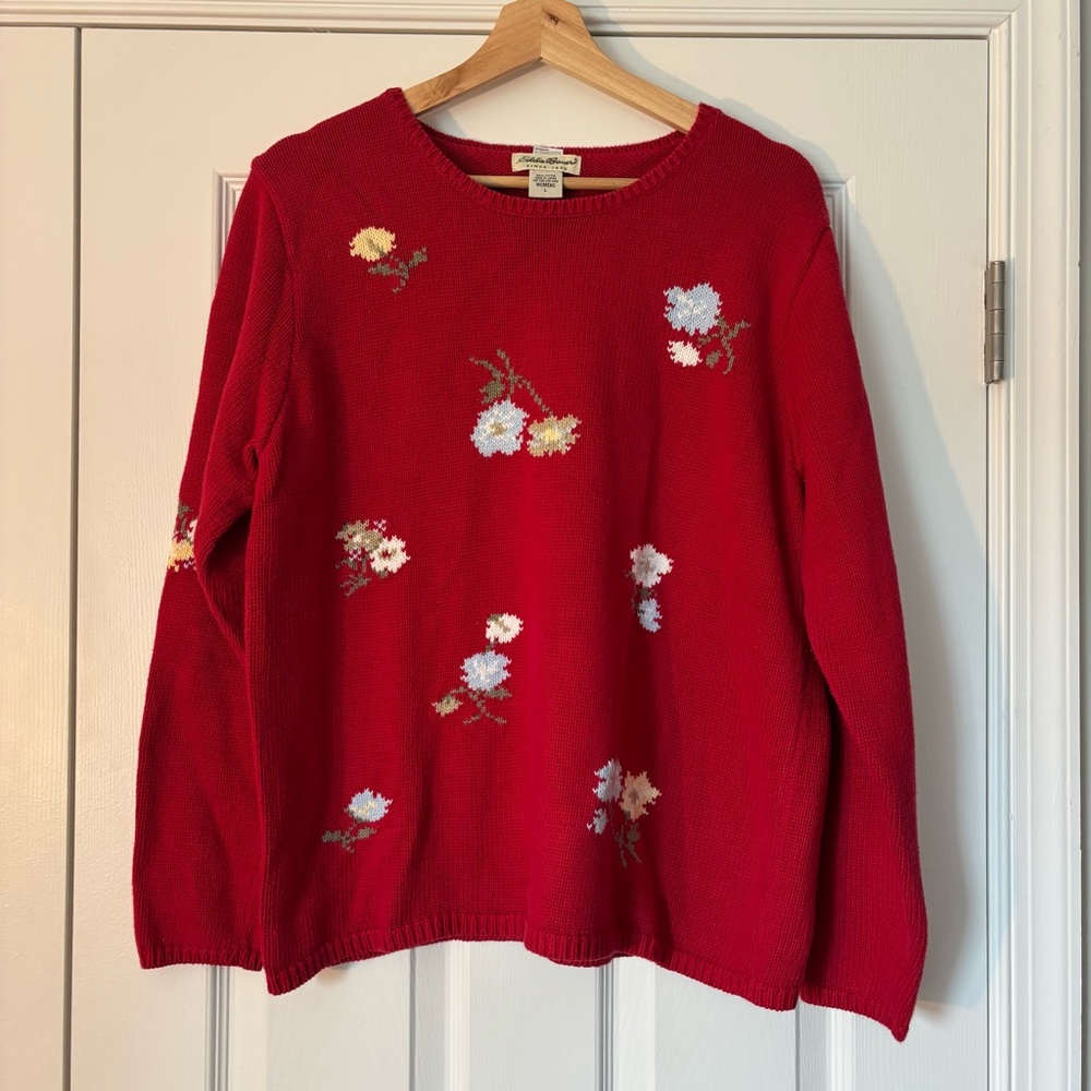 Vintage Eddie Bauer Red Floral Cotton Embroidered Sweater Preppy Granny Cottage